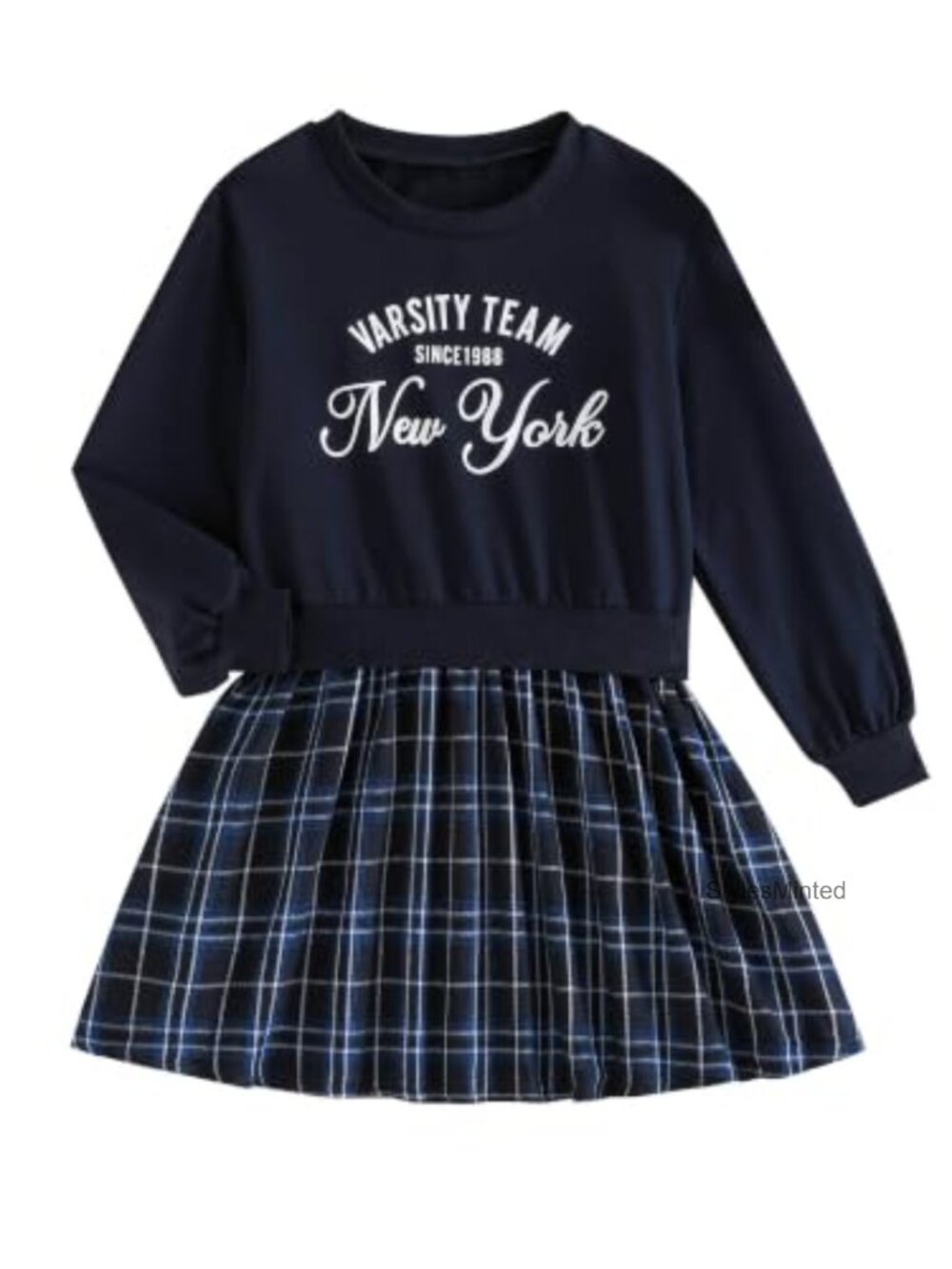 Girls Long Sleeve Plaid Dress Preppy Pleated Skirt Outfit